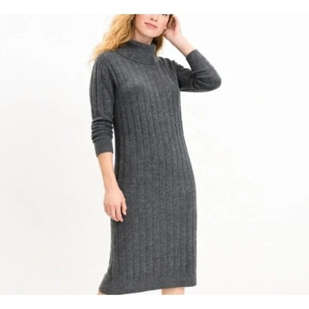 Large/ Xtra Large Loft Ribbed Midi Turtleneck Sweater Dress Gray Wool Blend L/XL